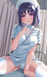 bed blush breasts commentary curtains female finger_to_mouth garter_straps hat head_tilt highres hospital_bed igarashi_kyouhei kazuno_sarah large_breasts love_live! love_live!_sunshine!! no_pants nurse nurse_cap on_bed panties purple_eyes purple_hair saint_snow shirt short_hair short_sleeves side_ponytail sitting sitting_on_bed smile solo thighhighs underwear white_garter_straps white_headwear white_legwear white_panties white_shirt zettai_ryouiki