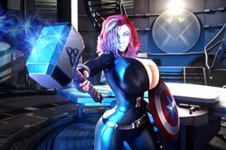 1girls 3d 3d_(artwork) alternate_breast_size avengers big_breasts black_widow_(marvel) blue_eyes bodysuit breasts breasts_bigger_than_head busty captain_america's_shield cleavage clothed clothed_female curvy female heroine holding_object holding_weapon huge_breasts human human_female human_only human_solo large_breasts leather light-skinned_female light_skin marvel marvel_comics mjolnir natasha_romanoff red_hair s.h.i.e.l.d. short_hair skin_tight solo solo_female superheroine tight_clothing top_heavy unzipped unzipped_bodysuit upper_body vaako virtamate voluptuous weapon wide_hips