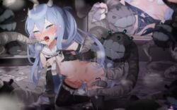 1girls ass bangs bare_shoulders black_legwear black_thighhighs blue_eyes blush breasts censored clothing commentary_request cum cum_in_pussy cum_inside cum_on_hair doggy_style elbow_gloves female from_behind gloves hair_between_eyes i-203_(kantai_collection) kantai_collection long_hair multiple_others navel nipple_tweak nipples open_mouth penetration pussy restrained saliva sex sex_from_behind shin_(new) shirt sleeveless small_breasts spread_legs straight sweat tentacle tentacle_sex thigh_strap thighhighs tongue tongue_out torn_clothes vaginal_penetration wet