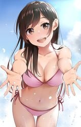 bangs bare_shoulders bikini blue_sky breasts brown_eyes brown_hair cleavage cloud cloudy_sky collarbone cowboy_shot day eyebrows_visible_through_hair eyelashes female foreshortening highres igarashi_kyouhei kanojo_okarishimasu large_breasts leaning_forward long_hair looking_at_viewer mizuhara_chizuru navel open_mouth outdoors outstretched_arms pink_bikini reaching_out round_teeth shiny shiny_hair side-tie_bikini sky smile solo sparkle swimsuit teeth thigh_gap thighs upper_teeth water_drop