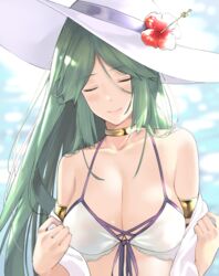 1girls absurdres armlet bangs bare_shoulders beach big_breasts bikini bikini_top blush blushing breasts cleavage closed_eyes female female_focus female_only flower flower_in_hat frilled_bikini frills front-tie_bikini front-tie_top front_view goddess green_hair hat hat_flower highres human human_focus human_only j@ck jewelry kid_icarus kid_icarus_uprising large_breasts light-skinned_female light_skin light_smile lily_(flower) long_hair neck_ring nintendo ocean palutena parted_bangs sagging_breasts sea seaside simple_background smile smiling soft soft_breasts solo solo_female solo_focus swept_bangs swimsuit taking_clothes_off undressing very_long_hair water white_bikini white_bikini_top white_hat white_swimsuit wholesome