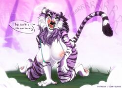 anthro ass big_breasts blush bodily_fluids breasts clothed clothing curvy_figure felid female fur hi_res huge_breasts looking_at_viewer lua_character mammal nipples nude open_mouth pantherine pink_body pink_fur simple_background smile solo stripes terryburrs thick_thighs tiger tongue voluptuous wide_hips