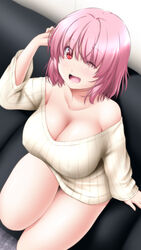 cleavage large_breasts nori_tamago open_mouth pink_hair red_eyes sweater thick_thighs touhou yuyuko_saigyouji