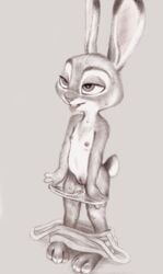 absurd_res anthro bodily_fluids bottomwear breasts clothed clothing disney feet female flat_chest fuchs fur genital_fluids genitals grey_body grey_fur hi_res in_heat judy_hopps lagomorph legwear leporid mammal monochrome nipples panties pants pants_down partially_clothed plump_labia presenting presenting_pussy purple_eyes pussy pussy_juice rabbit simple_background small_breasts solo sweat toes tongue tongue_out traditional_media_(artwork) underwear undressing zootopia