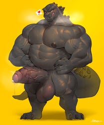 2021 abs anthro balls big_balls big_penis black_body blush bodily_fluids claws foreskin genital_fluids genitals godzilla godzilla_(series) heart hi_res huge_balls huge_cock kaiju licking licking_lips looking_at_viewer male male_only muscular muscular_anthro muscular_male nipples partially_retracted_foreskin penis saliva simple_background solo sweat toho tongue tongue_out uncut vein veiny_penis vorusuarts