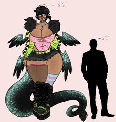 1boy 1girls ahoge black_hair bodysuit breasts claws cleavage comparing comparison dio_(b0ymilf) eyepatch female fishnets freckles giant huge_breasts male platform_footwear short_hair short_shorts sketch striped_legwear tail text thick_thighs thighhighs transgender_pride_colors wide_hips wings