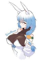 1girls animal_ears blue_hair blue_nails braid breasts bunny_ears bunny_girl butter-t carrot hololive hololive_fantasy hololive_japan holomilfs kemonomimi large_breasts light-skinned_female light_skin looking_at_viewer mature_female pekomama solo sweater upper_body virtual_youtuber