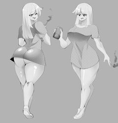 1girls 2021 ass back_view bottomless bottomless_female breasts ch3rrycupcakes cigarette eye_contact female female_focus front_view greyscale long_hair looking_at_viewer milf monochrome original original_character shirt solo solo_female solo_focus thick thick_ass