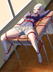 2021 blush bobapple bondage bound bound_to_desk classroom desk desk_bondage echidna_(re:zero) female female_only gag helpless missionary_position on_back on_desk re:zero_kara_hajimeru_isekai_seikatsu school_uniform skirt solo spread_legs table tied_to_table tied_up uwabaki