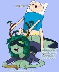 adventure_time ahe_gao anal anal_sex antler_grab antlers ass boots breasts cartoon_network clothed_sex dialogue finn_the_human gloves green_skin hat hubi human human_on_humanoid huntress_wizard leaf_hair mask masked shirt text