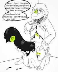 anthro ball_bulge balls big_balls big_penis black_liquid bodily_fluids body_horror body_mouth dialogue genitals hi_res huge_cock hyper hyper_genitalia hyper_penis male mikey6193 mikey_(mikey6193) parasite penis solo speech_bubble unusual_anatomy unusual_eyes unusual_genitalia unusual_penis unusual_pupils