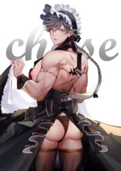 ambush_(trap) androgynous ass back beauty_mark blue_eyes braid crossdressing femboy haribochase king's_raid looking_at_viewer looking_back maid maid_headdress maid_uniform male male_only muscles muscular muscular_femboy muscular_male muscular_trap nipples pecs scar scars solo tattoo thighhighs trap