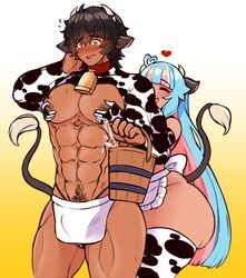 1boy 1girls ahoge amber_eyes ambiguous_fluids apron arm_gloves black_hair blue_hair blush bucket closed_eyes cow_ears cow_horns cow_print cow_print_gloves cow_print_thighhighs cow_tail cowbell embarrassed female happy hayden_(jojoniumart) heart heart_ahoge hi_res jojoniumart long_hair male messy_hair minari_(jojoniumart) muscles muscular muscular_male nipple_pinch nipples partially_clothed penis_bulge pink_hair pubic_hair shortstack simple_background size_difference tail_tuft thick_thighs thighhighs two_tone_hair