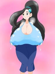 1girls alternate_breast_size alternate_hairstyle big_breasts black_hair blush breasts brown_eyes candice_(pokemon) cleavage clothed clothed_female erect_nipples erect_nipples_under_clothes eyelashes female female_only gigantic_breasts gym_leader huge_breasts human human_only jeans lactation lactation_through_clothes long_hair milf milk mother nintendo nipple_bulge nuruudon open_mouth pale-skinned_female pale_skin pants pokemon pokemon_dppt ponytail solo solo_female standing thick_thighs top_heavy very_long_hair voluptuous