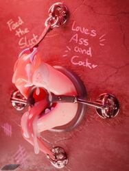 3d_(artwork) ambiguous_gender anthro bodily_fluids bondage bound cum digital_media_(artwork) furry furry_only gag genital_fluids glory_hole graffiti hi_res hook nose_hook open_mouth open_mouth_gag oral ring_gag rubber_(artist) solo through_wall tongue tongue_bondage tongue_out