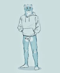 anthro ball_tuft balls blush casual_nudity clothed clothing echto embarrassed erection foreskin fur genitals hoodie humanoid_genitalia male mammal mustela mustelid musteline partially_clothed penis simple_background solo topwear true_musteline tuft uncut