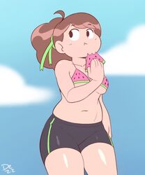 1girls bee_(bee_and_puppycat) bee_and_puppycat brown_hair dezz eating short_shorts watermelon watermelon_bra