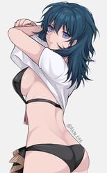 1girls akn_646 alternate_costume ass bikini black_bikini black_swimsuit blue_eyes blue_hair byleth_(fire_emblem) byleth_(fire_emblem)_(female) female fire_emblem fire_emblem:_three_houses fire_emblem_heroes lipstick looking_at_viewer medium_hair nintendo shimizu_akina sideboob solo swimsuit taking_clothes_off undressing white_background white_skin