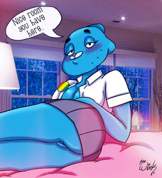 ass bed blue_skin cartoon_network cat_ears catgirl cheating cheating_wife cleavage exposed_pussy feline furry hotel_room mature mature_female milf nicole_watterson pussy seductive skirt temptation tempting the_amazing_world_of_gumball thewink