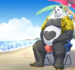 2022 anthro beach belly big_belly black_body bulge clothed clothing detailed_background footwear giant_panda hi_res humanoid_hands kajin-sama male mammal moobs navel nipples one_eye_closed open_clothing open_shirt open_topwear outside overweight overweight_male palm_tree plant sandals scar seaside shirt sitting solo topwear tree underwear ursid water white_body wink