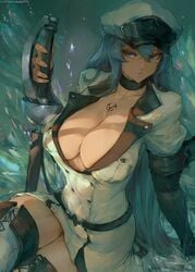 1girls absurd_res akame_ga_kill! artist_name blue_eyes blue_hair breasts choker cleavage cutesexyrobutts detailed_background elbow_gloves esdeath_(akame_ga_kill!) female female_only hat hi_res large_breasts looking_at_viewer signature solo tattoo thigh_boots thighs weapon wide_hips