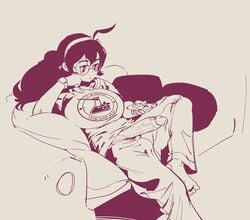 1futa ahoge balls balls_under_clothes big_breasts big_penis bluehand breasts clothed clothing erection futa_only futanari glasses greasymeta hairband human long_hair monochrome mostly_clothed on_back penis penis_out precum remote sitting sketch solo t-shirt tv_remote