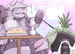 aggron anthro belly blue_eyes blush bodily_fluids clothing cum cum_in_mouth cum_inside duo erection fellatio genital_fluids genitals hi_res japanese_text leash maid_cafe maid_uniform male male/male nintendo omelette oral overweight penile penis pokemon pokemon_(species) sex text tyranitar uniform video_games yra_bg