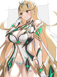 1girls alternate_costume big_breasts blonde_hair breasts cleavage female gonzarez gonzarez1938 lipstick long_hair mythra nintendo orange_eyes panties solo white_skin wide_hips xenoblade_(series) xenoblade_chronicles_2