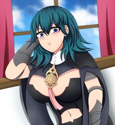 1girls bare_midriff blue_eyes byleth_(fire_emblem) byleth_(fire_emblem)_(female) cleavage fire_emblem fire_emblem:_three_houses large_breasts looking_at_viewer medium_hair nintendo seelenfresserin smile solo solo_female teal_hair upper_body window