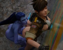 2girls 3d 3d_(artwork) amelie_lacroix big_ass blizzard_entertainment closed_eyes glitch02 no_eyewear overwatch purple_hair purple_skin thong tracer wedgie white_skin widowmaker yuri