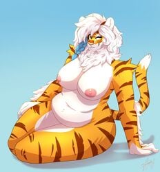 1girls anthro areolae belly breasts buxbi_(character) curvy female female_only fur furry furry_only hi_res looking_at_viewer nipples nude nude_female pantherine simple_background slightly_chubby solo solo_female tail thick_thighs tiger wink winking_at_viewer