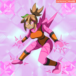 bodysuit brown_hair dark-skinned_female electricity kiroxiii oc pink_eyes pokemon pokerus possession rika_dimensional_ninja rotom transformation unusual_pupils watermark