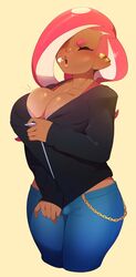 1futa absurdres bimbofication bra breasts bulge busty cleavage combos-n-doodles dark-skinned_futanari dark_skin futanari gold_chain highres hoodie huge_breasts nintendo octoling pants_bulge pointy_ears solo splatoon splatoon_2 tagme takoko_yakisoba_(combos_&_doodles) tentacle_hair voluptuous voluptuous_futanari zipper zipper_down zipper_pull_tab