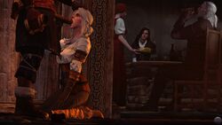 3d bea_(the_witcher) beaker cd_projekt_red ciri clothed_sex dark-skinned_male dark_penis drinking faceless_male fellatio female geralt_of_rivia hand_on_head kneeling looking_up male oral penis tavern tavern_wench the_witcher the_witcher_(series) the_witcher_2 the_witcher_3:_wild_hunt watching weebstank yennefer