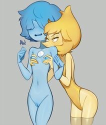 2girls blue_hair blue_pearl_(steven_universe) blue_skin blush breast_grab bunnysuit cartoon_network completely_nude completely_nude_female female female/female female_only gem_(species) looking_at_partner multiple_girls nipples nude nude_female nudity pearl_(gem) short_hair small_breasts smokyholes steven_universe visible_nipples yellow_hair yellow_pearl_(steven_universe) yellow_skin yuri