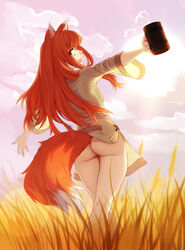 1girls 2d animal_ears ass blush bottomless bottomless_female brown_hair bubble_butt clothing cloud cloudy_sky commentary cup english_commentary feguimel female female_only highres holding holding_cup holo light-skinned_female light_skin long_hair long_sleeves looking_at_viewer open_mouth outdoors pale-skinned_female pale_skin shirt sky solo spice_and_wolf standing sun t-pose tail wheat_field wide_sleeves wolf_ears wolf_girl wolf_tail