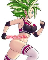 1girls ass blue_eyes breasts dragon_ball dragon_ball_super earrings edit fingerless_gloves green_hair jogging kefla long_hair looking_at_viewer majinkefla open_mouth runner socks solo sports_bra tiffynyaa white_background white_skin