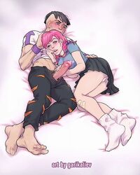 1boy 1boy1girl 1girls bandaid barefoot bed before_sex black_hair black_hair_male blush censored clothed erection female garikaliev hand_on_head hand_on_penis jojo's_bizarre_adventure jojolion joshu_higashikata male muscular muscular_male panties penis_awe penis_out pink_hair pink_hair_female pubic_hair shirt_lift skirt socks straight ugly upskirt yasuho_hirose