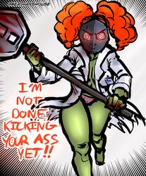 1girls angry big_breasts blood chasing clown curly_hair dialogue english english_text female glowing_eyes green_skin heart_pasties hockey_mask holding_object holding_weapon labcoat madness_combat mask masked meaghanshouse panties pigtails red_eyes red_hair rule_63 shouting solo speed_lines stop_sign text torn_clothes tricky_the_clown zombie zombie_girl