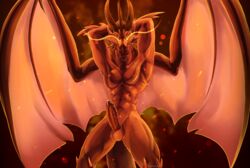 anthro balls cierras dragon embers erection fire genitals glowing glowing_eyes hi_res male nude penis red_body scalie solo wings