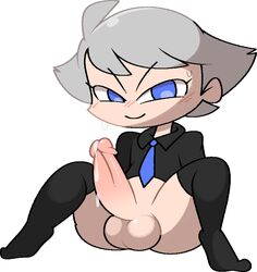 balls big_butt black_shirt blue_eyes blue_tie butt cum cumming dick femboy gay looking_at_viewer male male_only orgasm original_character penis school_uniform silver_hair simple_background stockings sweat sweating vilepluff white_background