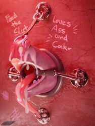 3d ambiguous_gender anthro bodily_fluids bondage bound cum cum_in_nose cum_inside digital_media_(artwork) gag genital_fluids hi_res hook nose open_mouth_gag oral ring_gag rubber_(artist) solo through_wall tongue_bondage