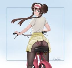 1girls ass ass_focus bicycle dismaiden female female_only looking_back panties panties_under_pantyhose pantyhose pokemon riding_bicycle rosa_(pokemon) skirt_lift skirt_up