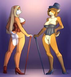 2021 anthro applebottom_family ass bare_shoulders big_breasts black_nose blonde_hair breasts brown_body brown_fur brown_hair burlesque cane catherine_applebottom cervid cervine cleavage clothed clothing corset countershade_butt countershade_face countershade_legs countershade_torso countershading curvy_figure duo eulipotyphlan female fingers front_view fur genitals hair hand_on_hip hand_on_own_hip hat headgear headwear hedgehog hi_res high_heels hollandworks humanoid_hands lingerie long_hair looking_at_viewer looking_back looking_back_at_viewer mammal mature_anthro mature_female multicolored_body multicolored_fur nipple_slip nipples partially_clothed pink_nose pussy rear_view shakattax standing tahnee_monroe top_hat topwear two_tone_body two_tone_fur white_body white_countershading white_fur ziggie13