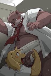 2017 anthro ball_lick balls bathroom belly blush bodily_fluids brown_body brown_fur canid canine canis clothed clothing cum cum_on_face domestic_dog duo edit erection foreskin foreskin_play foreskin_pull fur genital_fluids genitals humanoid_hands inside kemono licking long_foreskin male mammal necktie open_clothing open_shirt open_topwear oral overweight overweight_male penis sex shirt sweat takagi_kyou tongue tongue_out topwear uncensored uncut underwear ursid