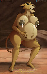 anthro bodily_fluids breasts dialogue disney duo el-loko english_text felid female genitals hi_res hyper_pregnancy lactating lion male male/female mammal pantherine patreon pregnant pussy solo text the_lion_king url vaginal_penetration water_break zira