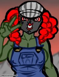 big_breasts conductor female female_only madness_combat meaghanshouse overalls red_eyes red_hair rule_63 smirk tagme tricky_the_clown zombie zombie_girl