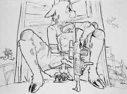 airsoft_gun anal anal_sex anthro cervid clothing crouching dildo dildo_in_ass dildo_insertion erection genitals gun hentai_ouji hi_res male mammal military_uniform monochrome penetration penis poking_out public ranged_weapon rifle sex_toy sex_toy_in_ass sex_toy_insertion shooting_range solo traditional_media_(artwork) uniform weapon