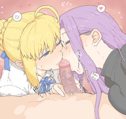 1boy 2021 2girls ahoge anger_vein annoyed artoria_pendragon bangs banned_artist bisexual bisexual_(female) black_sweater blonde_hair blue_eyes blue_ribbon blush braid breasts closed_eyes clothed_female_nude_male collaborative_fellatio emiya_shirou eyebrows_visible_through_hair fate/stay_night fate_(series) fellatio ffm_threesome french_braid glasses group_sex heart large_breasts licking licking_penis long_hair long_sleeves medium_hair medusa_(fate) mo_(kireinamo) multiple_fellatio multiple_girls nude one_eye_closed oral penis purple_hair ribbon saber shirt sidelocks spoken_anger_vein spoken_heart sweater teamwork threesome tongue tongue_out turtleneck turtleneck_sweater uncensored white_shirt