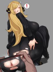 ! 1boy 1girls absurd_res alternate_breast_size anus ass ass_focus big_ass big_breasts big_butt blonde_hair blush breasts camera camera_view cham22 chamchami clothed_female cynthia_(pokemon) eye_contact female fully_clothed grabbing_own_ass grey_background grey_eyes hair_ornament high_resolution huge_ass huge_breasts long_hair looking_at_viewer looking_back male nintendo phone pokemon pokemon_dppt ripped_clothing ripped_pants spread_ass squatting surprised thick_ass triangular_anus